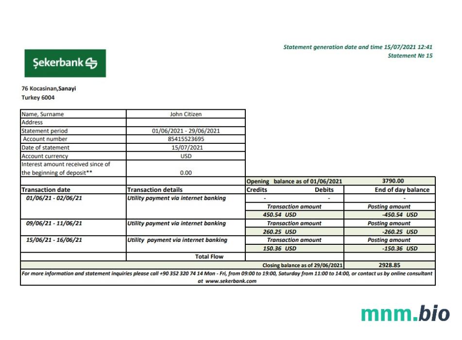 Turcja Sekerbank wyciąg bankowy szablon w .doc i .format pdf, w pełni edytowalny